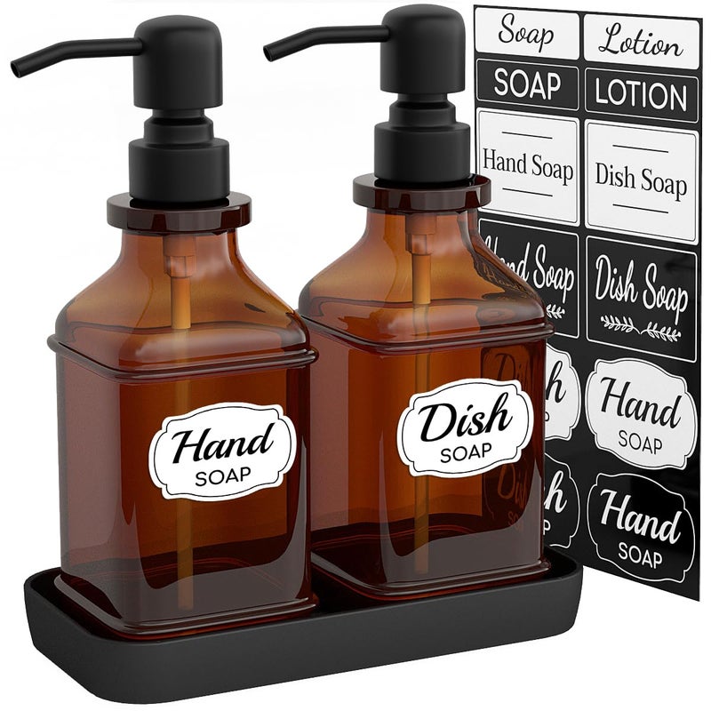 LMQML Soap Dispenser - 2 Pack, Antique Design Thick Amber Glass Hand Soap Dispensers with Sturdy Tray; 304 Rust Proof Stainless Steel Black Pump, 12Pcs Stickers, for Kitchen, Bathroom- Black - Image 1