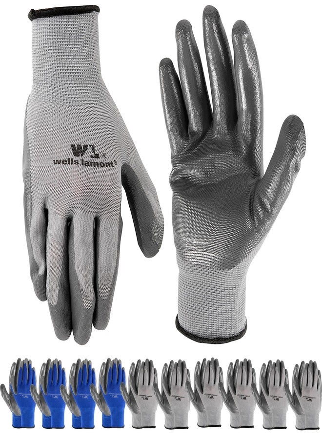 Wells Lamont 10-Pair Pack Nitrile Work Gloves | Lightweight, Abrasion Resistant, Blue/Grey | Large (580LU) - Image 1