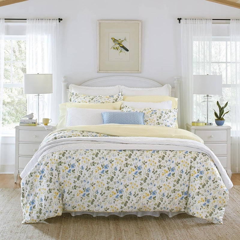 LAURA ASHLEY Home - King Duvet Cover Set, Cotton Sateen Reversible Bedding with Matching Shams, All Season Home Decor (Meadow Floral Blue, King) - Image 1