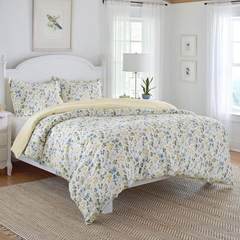 LAURA ASHLEY Home - King Duvet Cover Set, Cotton Sateen Reversible Bedding with Matching Shams, All Season Home Decor (Meadow Floral Blue, King) - Image 2