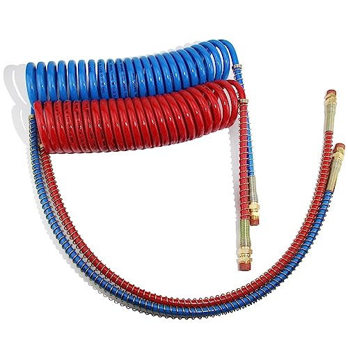 GREPSPUD 15Ft Coiled Air Brake Hoses Assembly for Semi Truck, Coiled Air Brake Lines with 40'' Tractor Lead & 12'' Trailer Lead, Red & Blue Coil Air Lines Set for Semi Trucks Tractors Trailers - Image 1