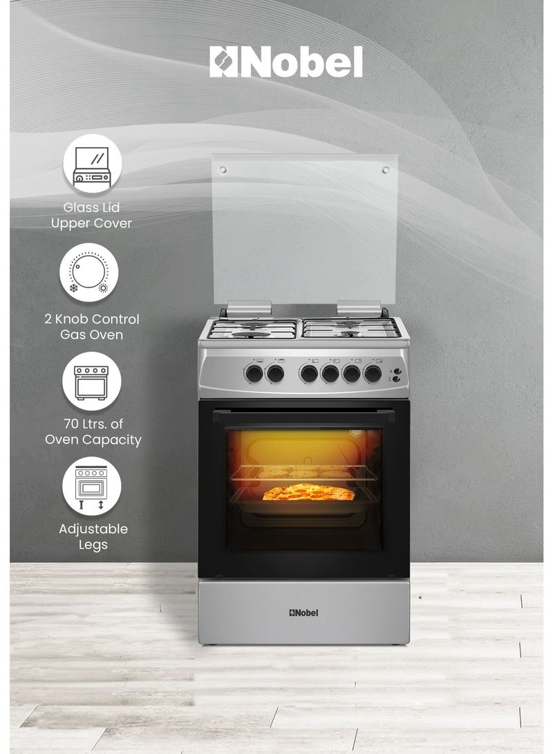 Nobel 60x60cm Gas Cooking Range with 4 Euro Pool Burners 70L Gas Oven, Double Glass Door, Full Push-Button Ignition, Flame Failure Safety Device, Glass Top Lid, Adjustable Legs - (1 Year Warranty) 4 NGC6611I silver - Image 3