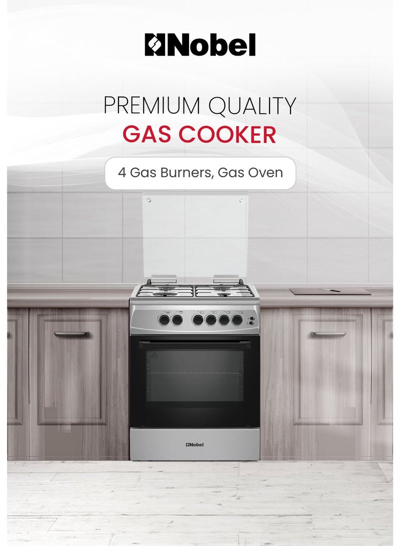Nobel 60x60cm Gas Cooking Range with 4 Euro Pool Burners 70L Gas Oven, Double Glass Door, Full Push-Button Ignition, Flame Failure Safety Device, Glass Top Lid, Adjustable Legs - (1 Year Warranty) 4 NGC6611I silver - Image 2