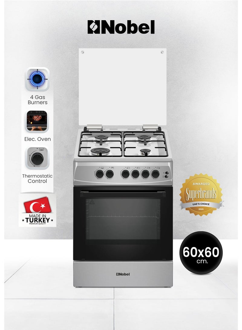 Nobel 60x60cm Gas Cooking Range with 4 Euro Pool Burners 70L Gas Oven, Double Glass Door, Full Push-Button Ignition, Flame Failure Safety Device, Glass Top Lid, Adjustable Legs - (1 Year Warranty) 4 NGC6611I silver - Image 1
