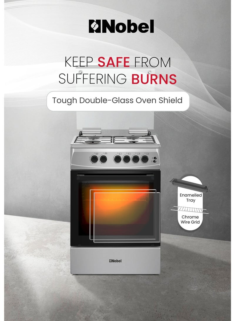 Nobel 60x60cm Gas Cooking Range with 4 Euro Pool Burners 70L Gas Oven, Double Glass Door, Full Push-Button Ignition, Flame Failure Safety Device, Glass Top Lid, Adjustable Legs - (1 Year Warranty) 4 NGC6611I silver - Image 4