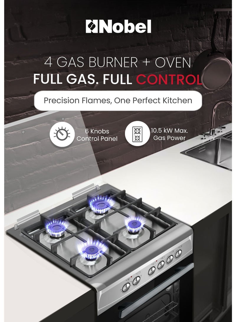 Nobel 60x60cm Gas Cooking Range with 4 Euro Pool Burners 70L Gas Oven, Double Glass Door, Full Push-Button Ignition, Flame Failure Safety Device, Glass Top Lid, Adjustable Legs - (1 Year Warranty) 4 NGC6611I silver - Image 5