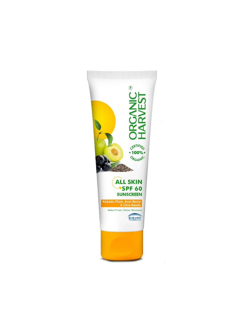 Organic Harvest Sunscreen SPF 60 For All Skin Type  For Women  Men with Blue Light Technology Protects From Harmful UVA  UVB Rays  100 American Certified Organic Sulphate  Paraben Free  100gm 