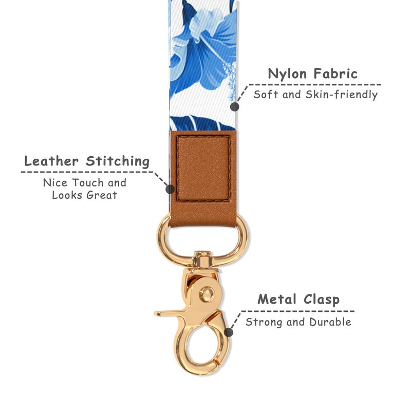 Hsxnam Wrist Lanyard Key Chain, Cute Wristlet Strap Keychain Holder for Women Men Keys ID Badges Phone Airpods, Blue Leaves - Image 3