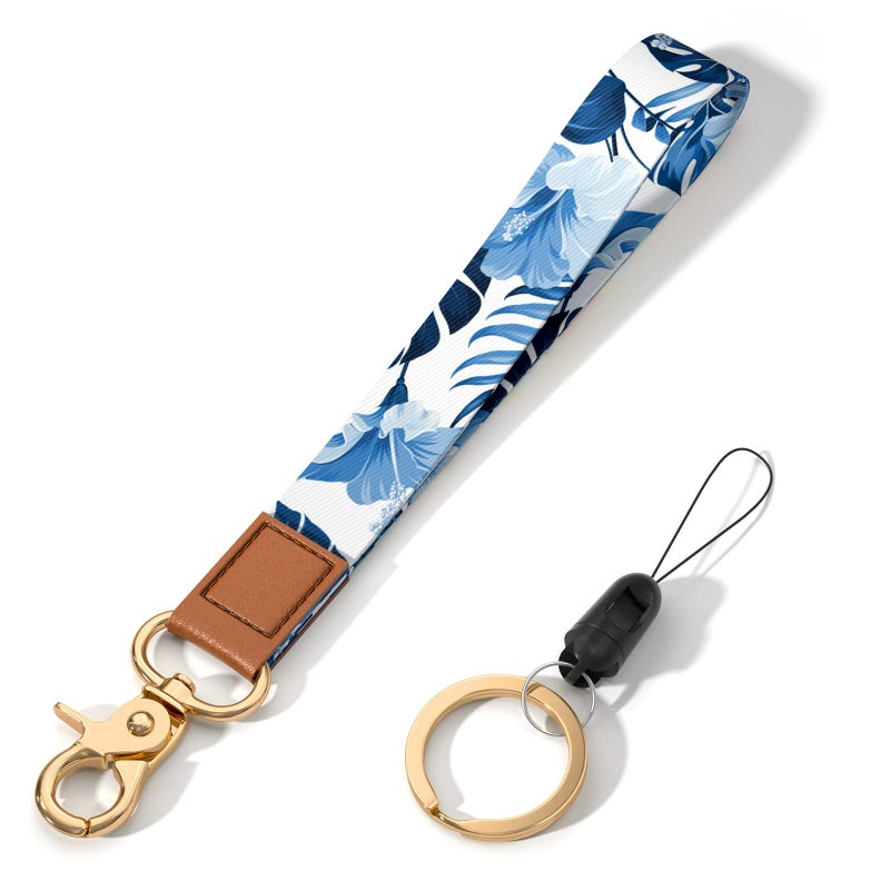 Hsxnam Wrist Lanyard Key Chain, Cute Wristlet Strap Keychain Holder for Women Men Keys ID Badges Phone Airpods, Blue Leaves - Image 1