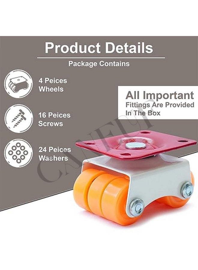 Caneuf 360° Rotation 6-Wheels Mini Revolving Castor Wheel | Orange Caster Set (30mm, 4 Pcs, 300kg Capacity) for Furniture, Sofa, and Table - Image 2