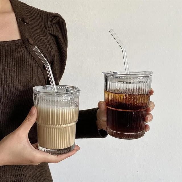 SHOPELLA 400 ML Ice Juice Drinks Glass Can Mug with Straw Set of 2 Transparent Reusable Glass Cups for Milk Coffee Green Tea Iced Beverages Smoothies - Image 4