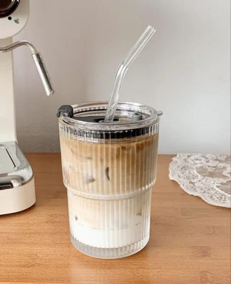 SHOPELLA 400 ML Ice Juice Drinks Glass Can Mug with Straw Set of 2 Transparent Reusable Glass Cups for Milk Coffee Green Tea Iced Beverages Smoothies - Image 5