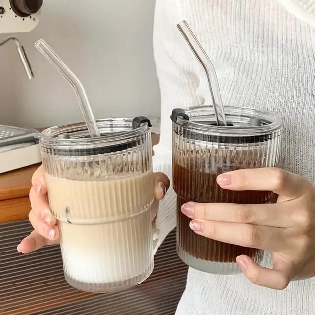 SHOPELLA 400 ML Ice Juice Drinks Glass Can Mug with Straw Set of 2 Transparent Reusable Glass Cups for Milk Coffee Green Tea Iced Beverages Smoothies - Image 1