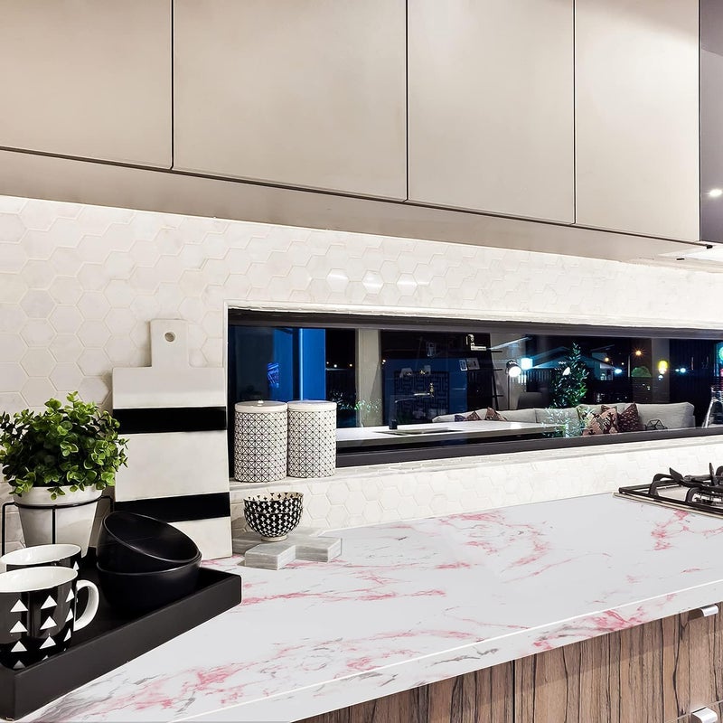tiltil Glossy White/Pink Marble Contact Paper for Countertop Granite Wallpaper 15.8"Ã—78.7" Marble Peel and Stick Wallpaper Self-Adhesive Removable Wall paper of Kitchen Waterproof Easy to Clean Vinyl Roll - Image 2