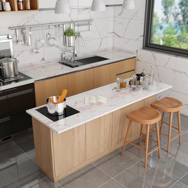 tiltil Glossy White/Pink Marble Contact Paper for Countertop Granite Wallpaper 15.8"Ã—78.7" Marble Peel and Stick Wallpaper Self-Adhesive Removable Wall paper of Kitchen Waterproof Easy to Clean Vinyl Roll - Image 4