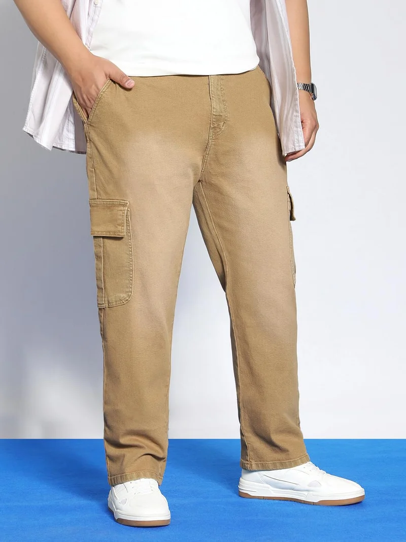 Urbano Plus Men's Dark Khaki Regular Fit Washed Cargo Jeans with 6 Pockets Stretchable