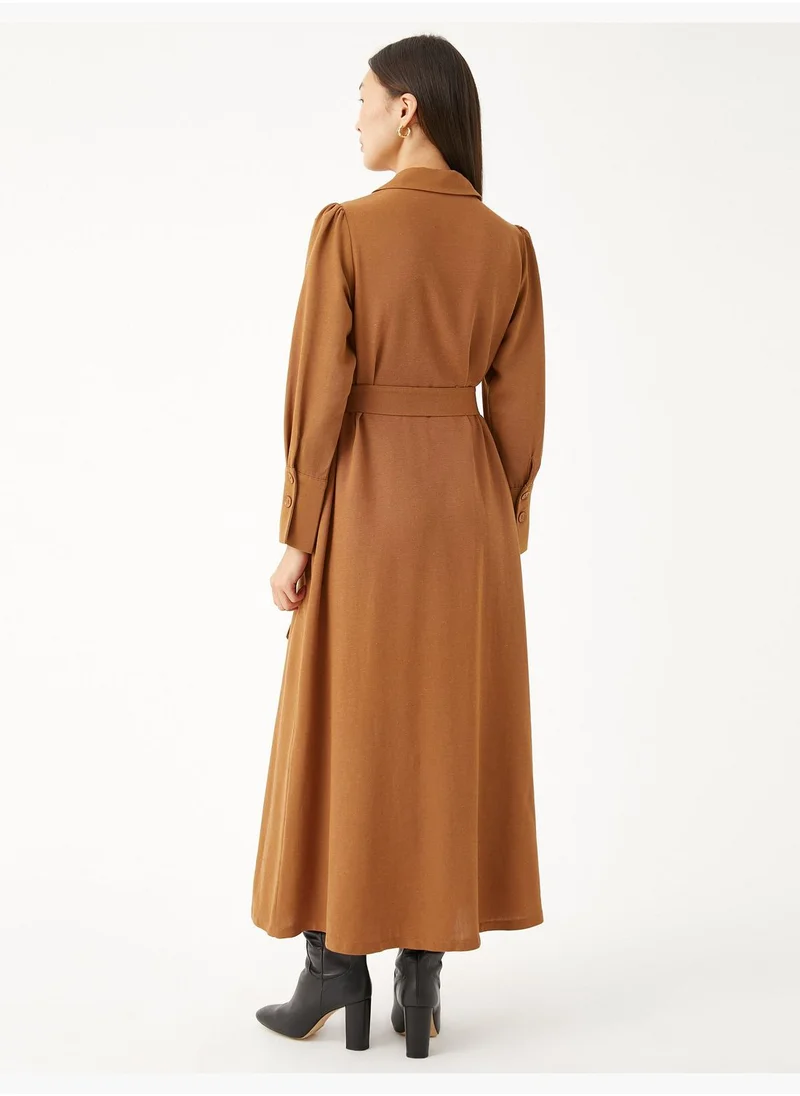 كوتون Shirt Dress Waistbanded Long Sleeve