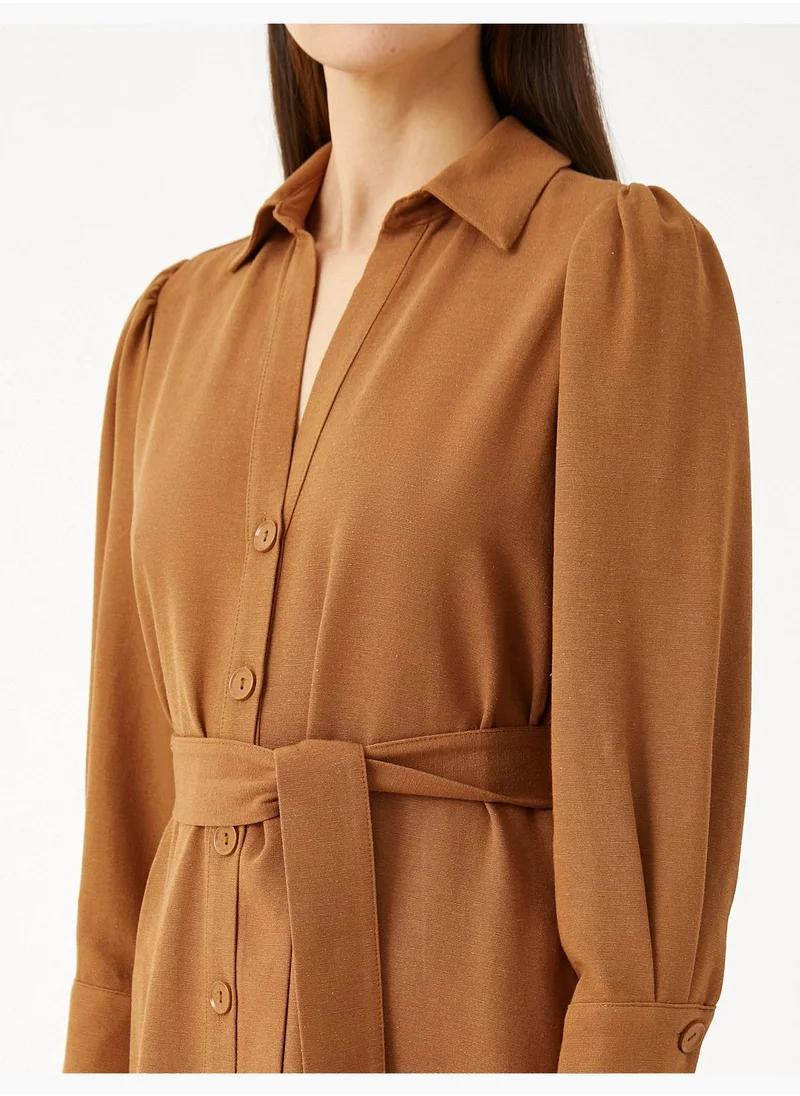 كوتون Shirt Dress Waistbanded Long Sleeve