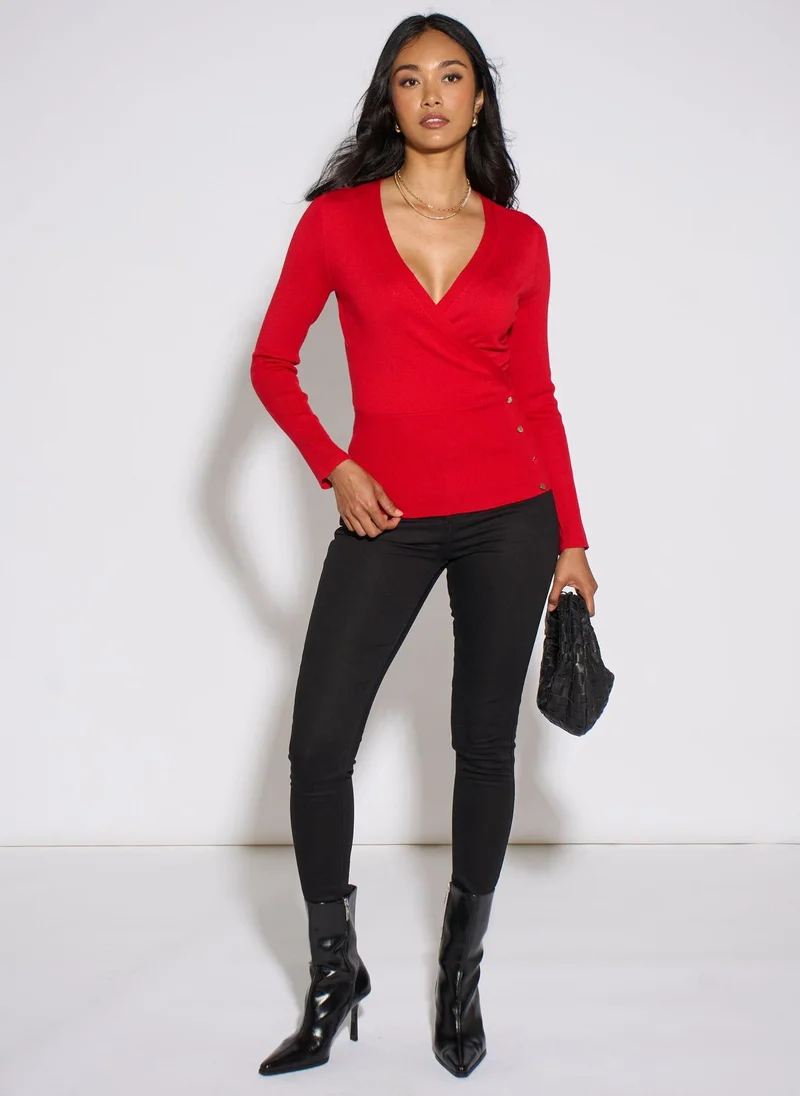 Gini London  Red Long Sleeve Wrap Front Gold Button Top for Women | Best Price UAE