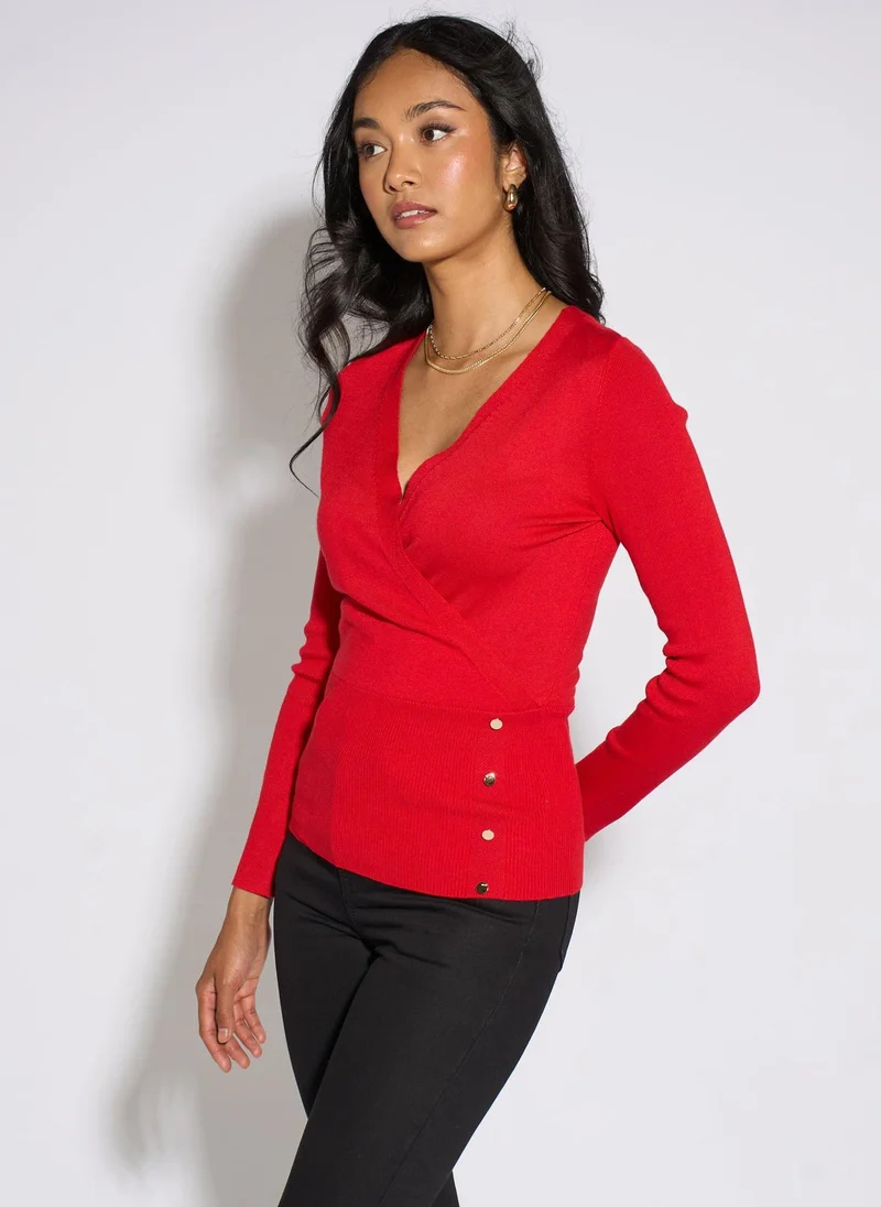 Gini London  Red Long Sleeve Wrap Front Gold Button Top for Women | Best Price UAE