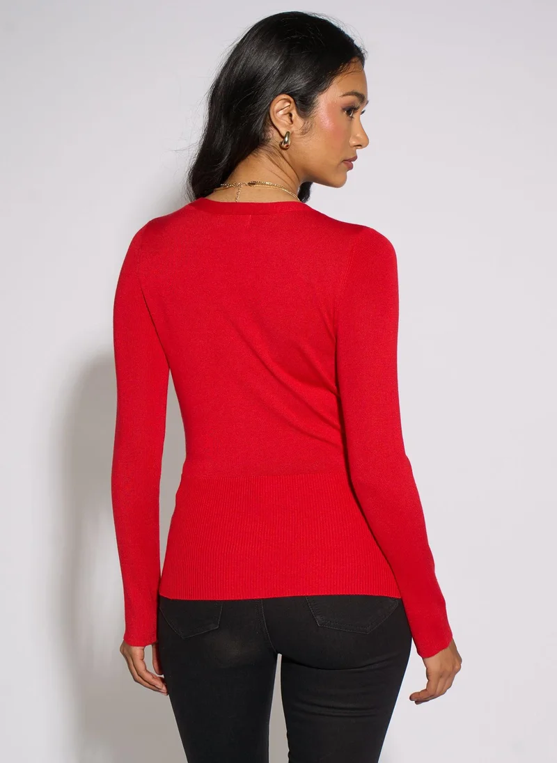 Gini London Red Long Sleeve Wrap Front Gold Button Top