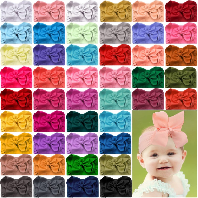 Hoteam 50 Pcs Baby Girls Large Bows Headbands 6.3 Inch Soft Wide Turban Baby Headbands Elastic Nylon Hairbands Hair Accessories for Infants Newborns Infants Toddlers Kids - Image 1