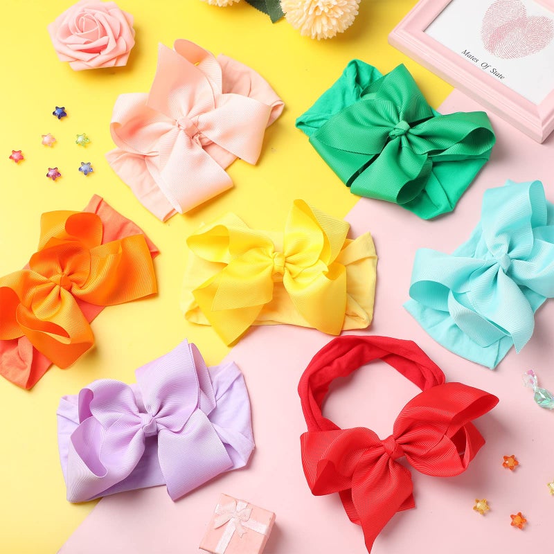 Hoteam 50 Pcs Baby Girls Large Bows Headbands 6.3 Inch Soft Wide Turban Baby Headbands Elastic Nylon Hairbands Hair Accessories for Infants Newborns Infants Toddlers Kids - Image 5