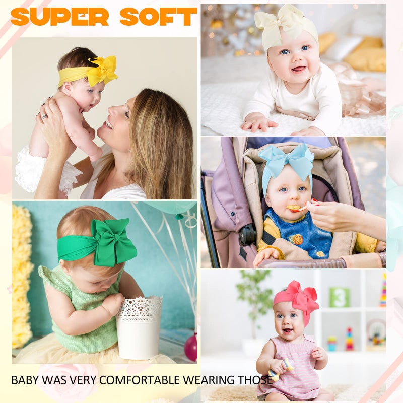 Hoteam 50 Pcs Baby Girls Large Bows Headbands 6.3 Inch Soft Wide Turban Baby Headbands Elastic Nylon Hairbands Hair Accessories for Infants Newborns Infants Toddlers Kids - Image 4