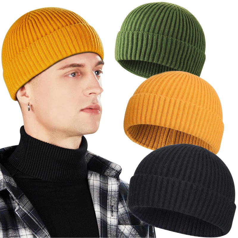 Heniho 3 Pack Wool Fisherman Beanies for Men, Short Knit Watch Cap Cuffed Trawler Hats,D - Image 1