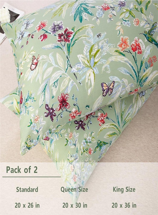 URBONUR 100% Cotton Pillowcases Set of 2 Standard Size Floral Printed Butterfly Pillow Cases Soft Breathable Cooling Pillowcase Decorative Pillow Cover (Standard, 20x26 Inches, Green Flowers) - Image 3