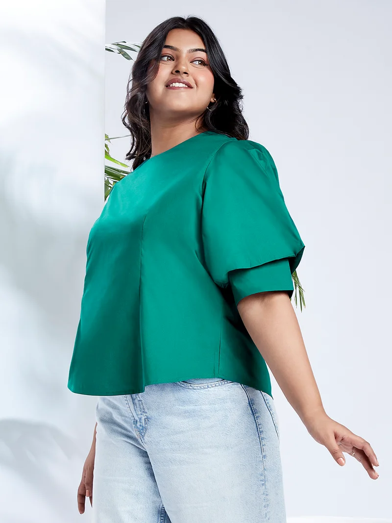 جلو باص Globus Gloplus Women Green Puff Sleeves Round Neck Back Button Plus Size Shirt Style Workwear Top