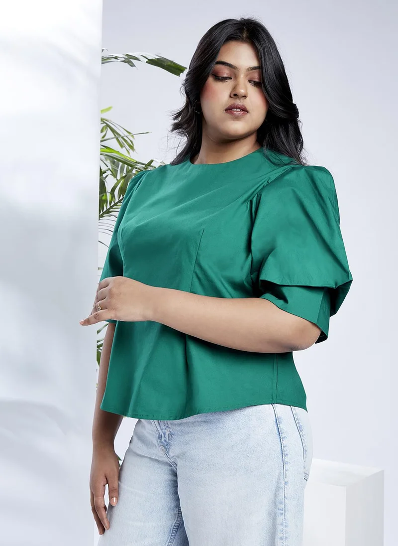 globus Globus Gloplus Women Green Puff Sleeves Round Neck Back Button Plus Size Shirt Style Workwear Top