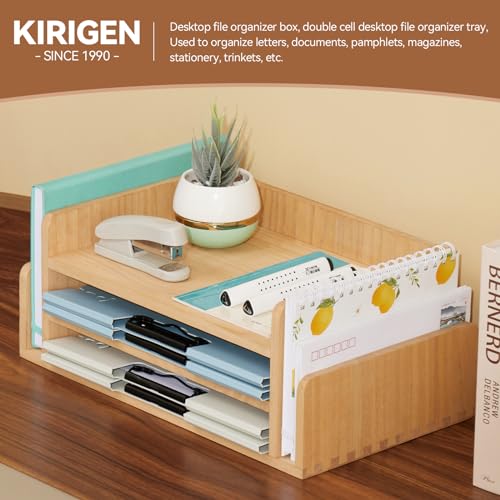 KIRIGEN Wood 3-Tier Office Desktop Document Tray - Mail Sorter Organizer Rack - Wooden Document Letter Stand for Folders, Mail, Stationary, Desk Accessories Natural(2TP-NA) - Image 4