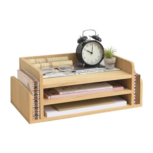 KIRIGEN Wood 3-Tier Office Desktop Document Tray - Mail Sorter Organizer Rack - Wooden Document Letter Stand for Folders, Mail, Stationary, Desk Accessories Natural(2TP-NA) - Image 1