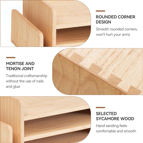 KIRIGEN Wood 3-Tier Office Desktop Document Tray - Mail Sorter Organizer Rack - Wooden Document Letter Stand for Folders, Mail, Stationary, Desk Accessories Natural(2TP-NA) - Image 3