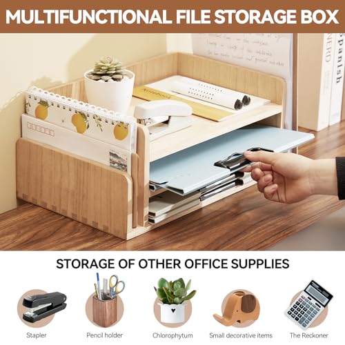 KIRIGEN Wood 3-Tier Office Desktop Document Tray - Mail Sorter Organizer Rack - Wooden Document Letter Stand for Folders, Mail, Stationary, Desk Accessories Natural(2TP-NA) - Image 2