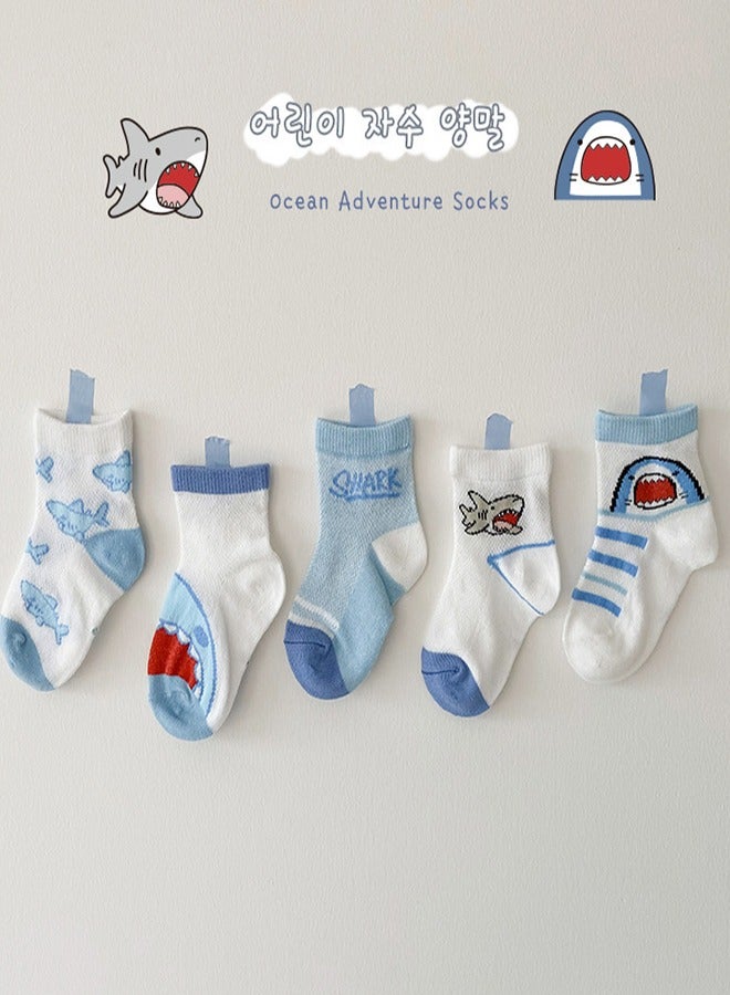 5 pairs Of Baby Shark Socks Children's Sports Socks Mesh Socks Baby Boat Socks Boy Children's Socks 3-5 Years Old  - Image 1
