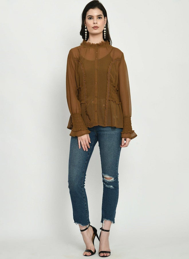 Pretilly Brown Georgette Shirt Style Top for Women - Image 5