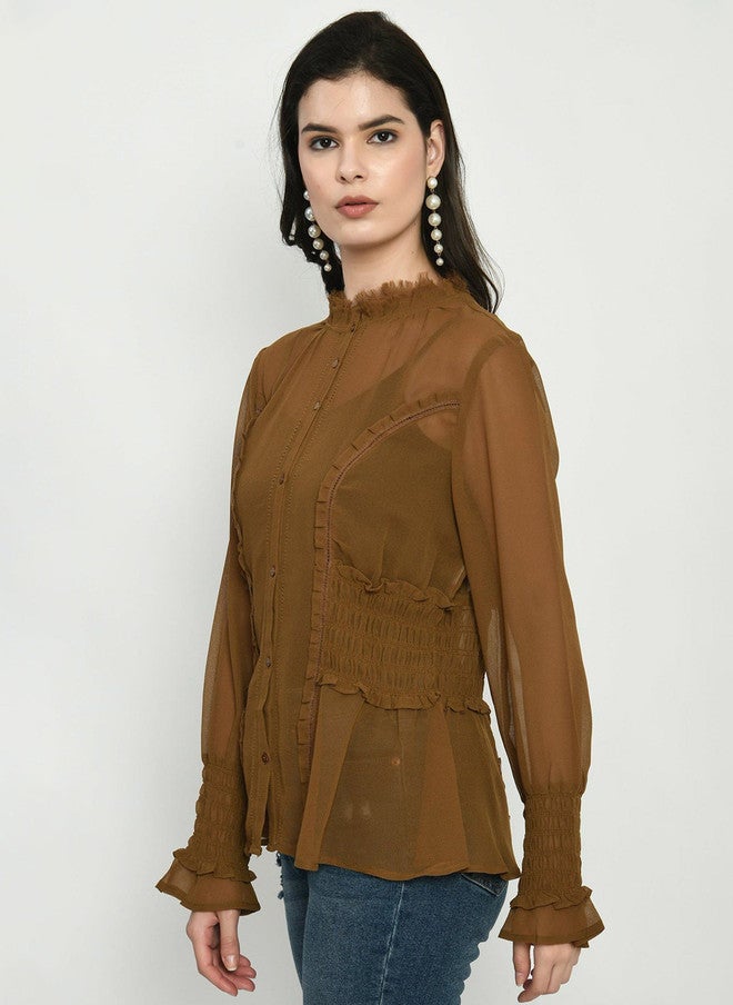 Pretilly Brown Georgette Shirt Style Top for Women - Image 4