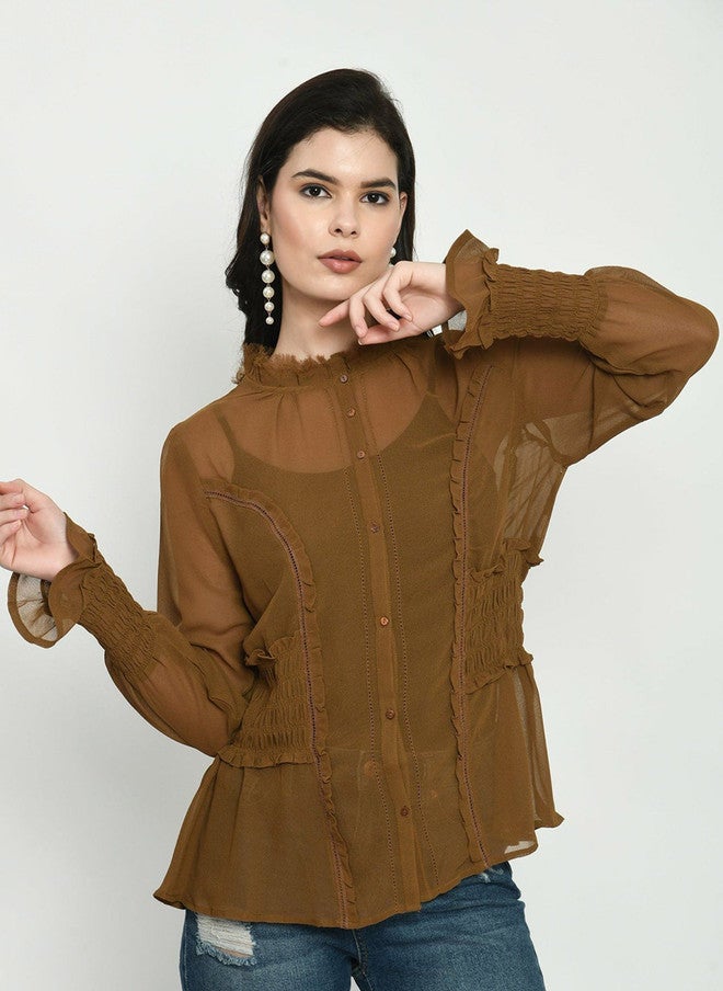 Pretilly Brown Georgette Shirt Style Top for Women - Image 1