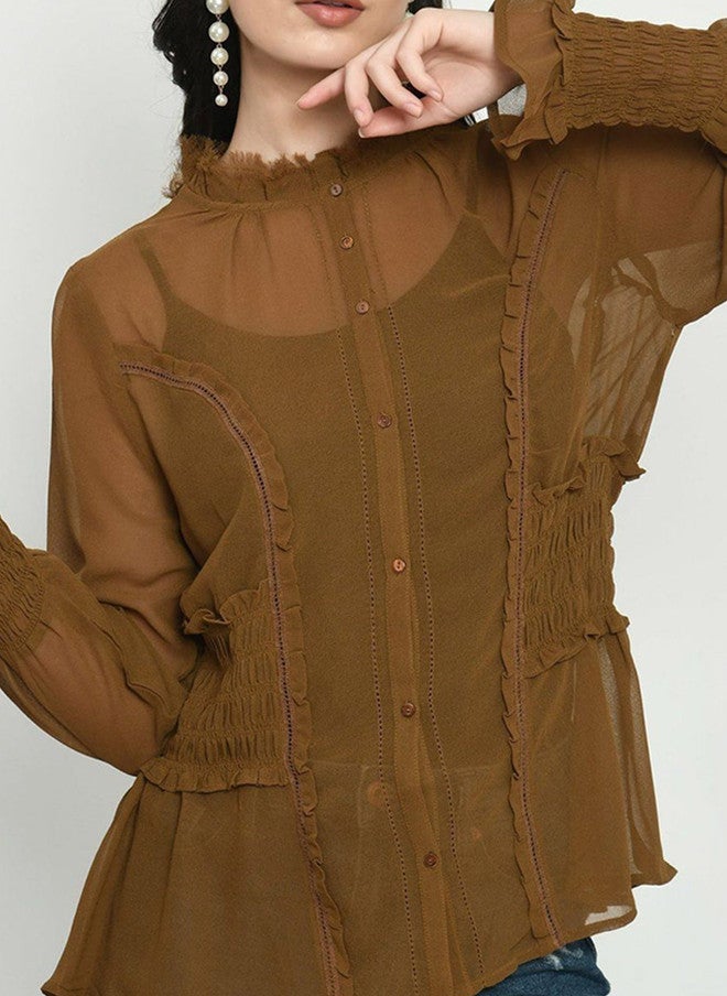 Pretilly Brown Georgette Shirt Style Top for Women - Image 2