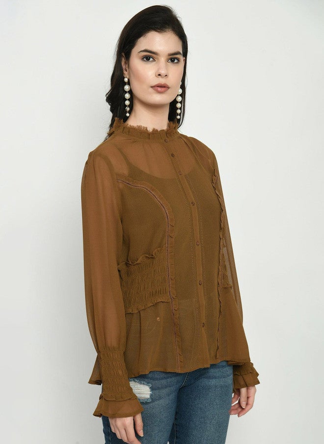 Pretilly Brown Georgette Shirt Style Top for Women - Image 3