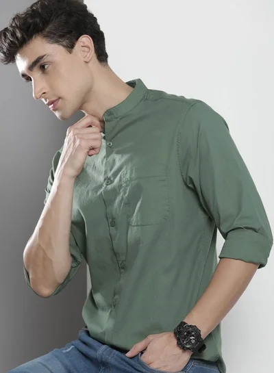 شركة المرآب الهندية Men Regular Fit Solid Full Sleeves Mandarin Collar Casual Shirt