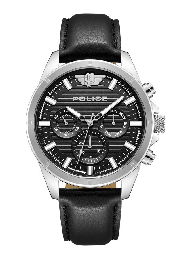 POLICE Men Malawi Men's 45mm Multifunction Watch with Satin Black Dial, Stainless Steel Case & Black Leather Strap - Image 1