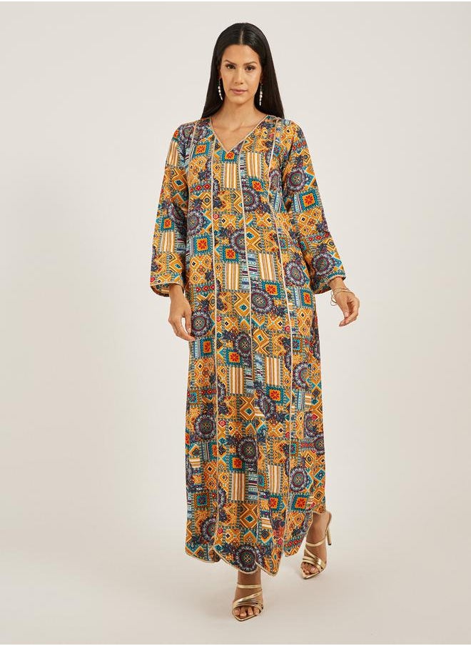 Maxim Creation Abstract Print V-Neck A-Line Jalabiya by Styli  - Image 1