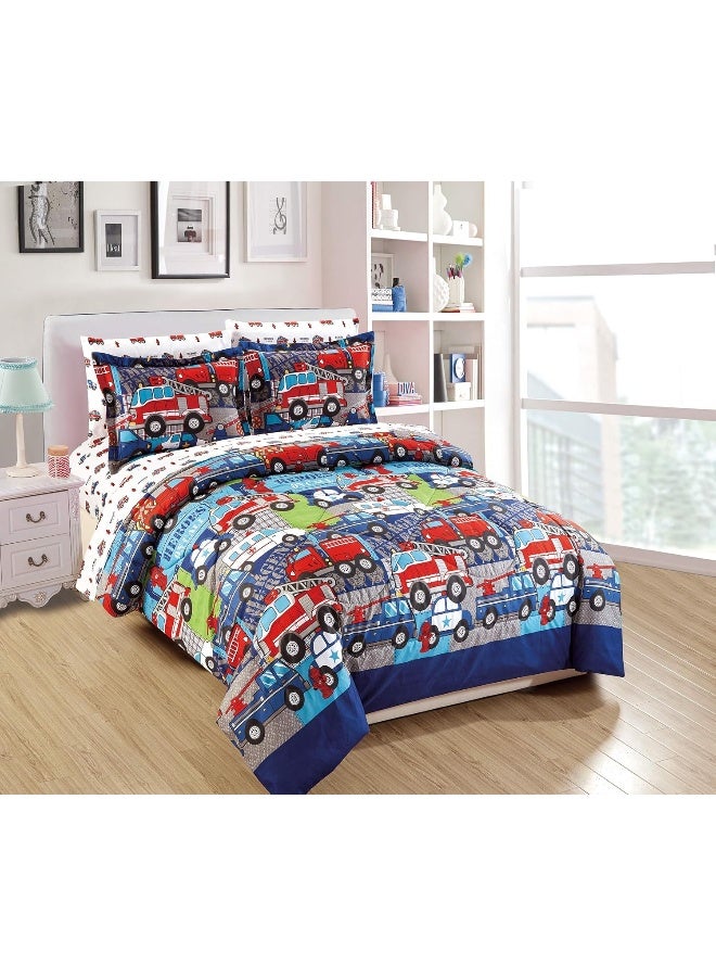 Linen Plus Comforter Set for Kids Heroes Fire Fighter Fire Trucks Police Car Ambulance Paramedic Navy Blue Red White Light Blue Grey Green New Queen - Image 2
