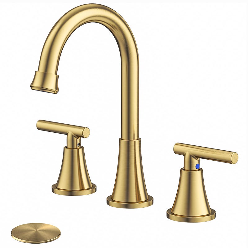 Hurran Bathroom Faucets for Sink 3 Hole, Hurran Brushed Gold Bathroom Sink Faucet with Pop-up Drain and Supply Lines, Stainless Steel Lead-Free Widespread Faucet for Vanity RV Farmhouse Sink - Image 1