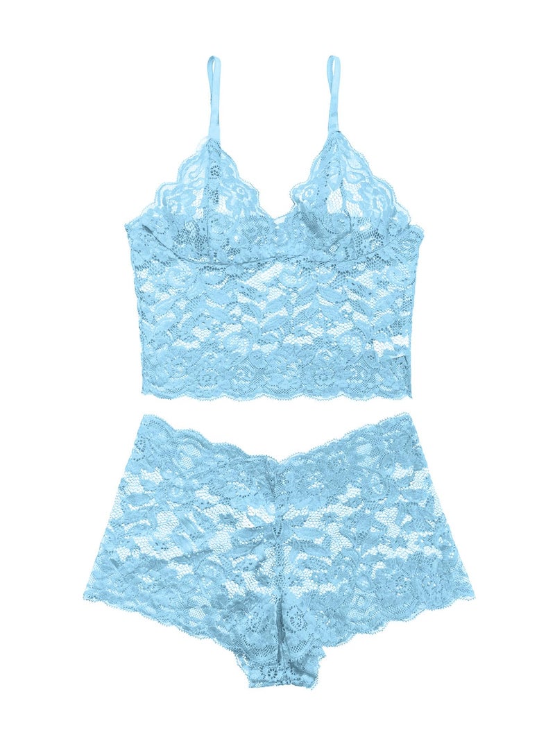 Lilosy Sexy Women Floral Lace Pajamas Lingerie Set High Waist Sheer Sleepwear See Through Nightwear Cami Shorts Bra and Panty 2 Piece Light Blue Medium - Image 4