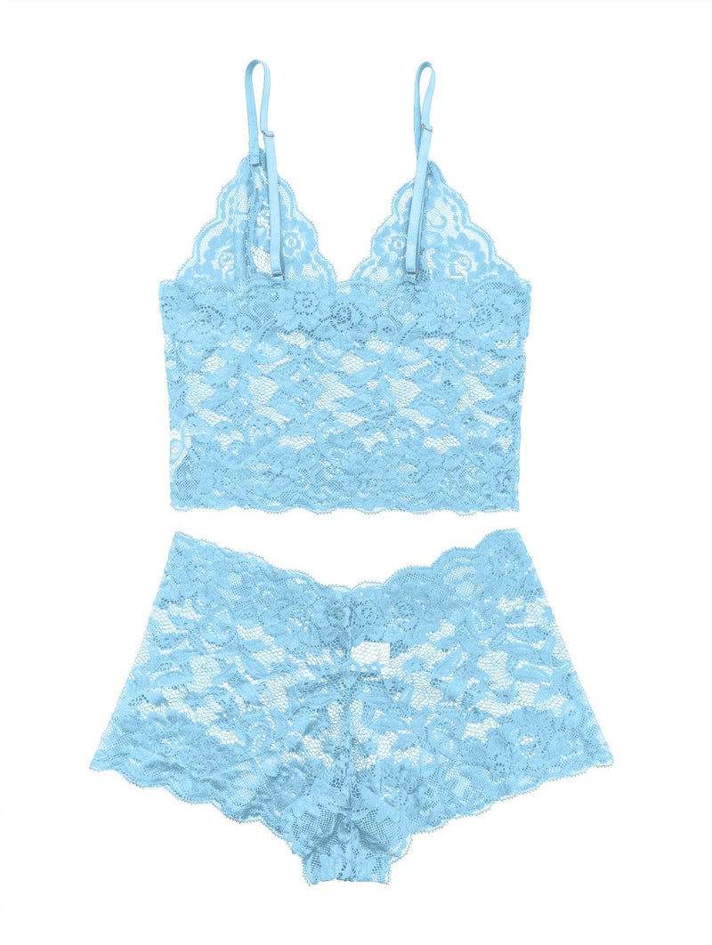 Lilosy Sexy Women Floral Lace Pajamas Lingerie Set High Waist Sheer Sleepwear See Through Nightwear Cami Shorts Bra and Panty 2 Piece Light Blue Medium - Image 5
