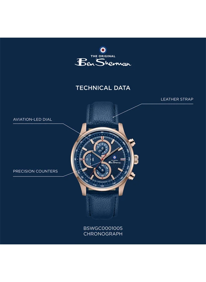 Ben Sherman Blue Brighton Blue Dial Blue Genuine Leather Strap Chronograph Watch for Men, 43.5mm for Men | Best Price UAE